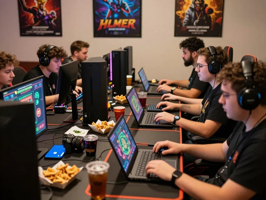 Hitclub gaming scene with players engaging on laptops and mobile devices in a colorful virtual casino atmosphere.