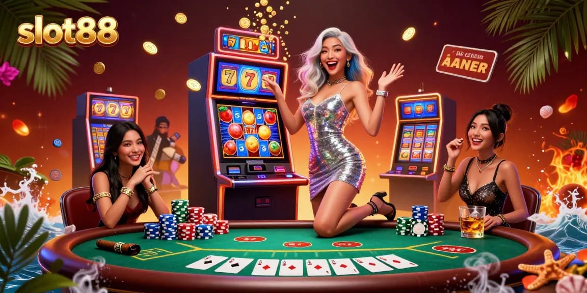 Saksikan kegembiraan slot88 dengan seorang wanita menakjubkan merayakan jackpot di tengah elemen kasino yang berwarna-warni.