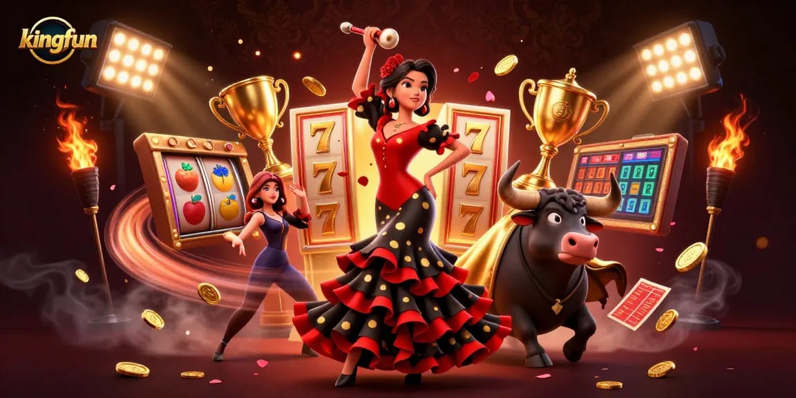 Experience kingfun's thrilling slot games with captivating visuals of 3D casino elements and characters.