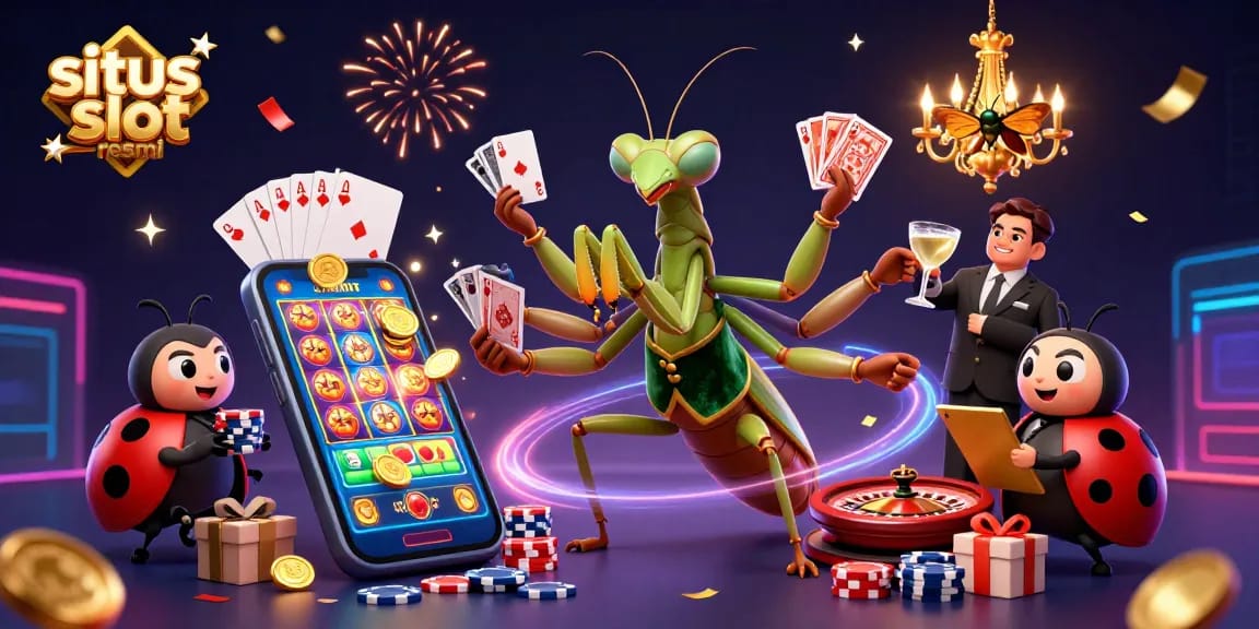 Engage in thrilling gameplay at situs slot resmi with a giant praying mantis and ladybug pit boss in a 3D casino setting.