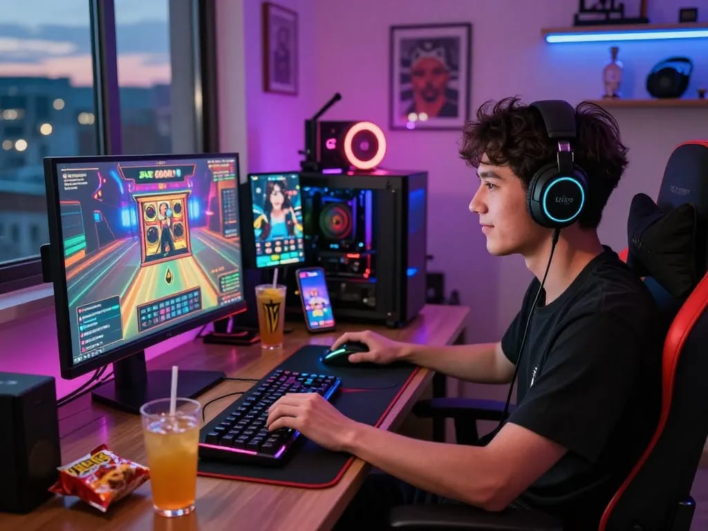 Player enjoying slot gacor games on a high-definition monitor, vibrant gaming setup with peripherals and snacks.