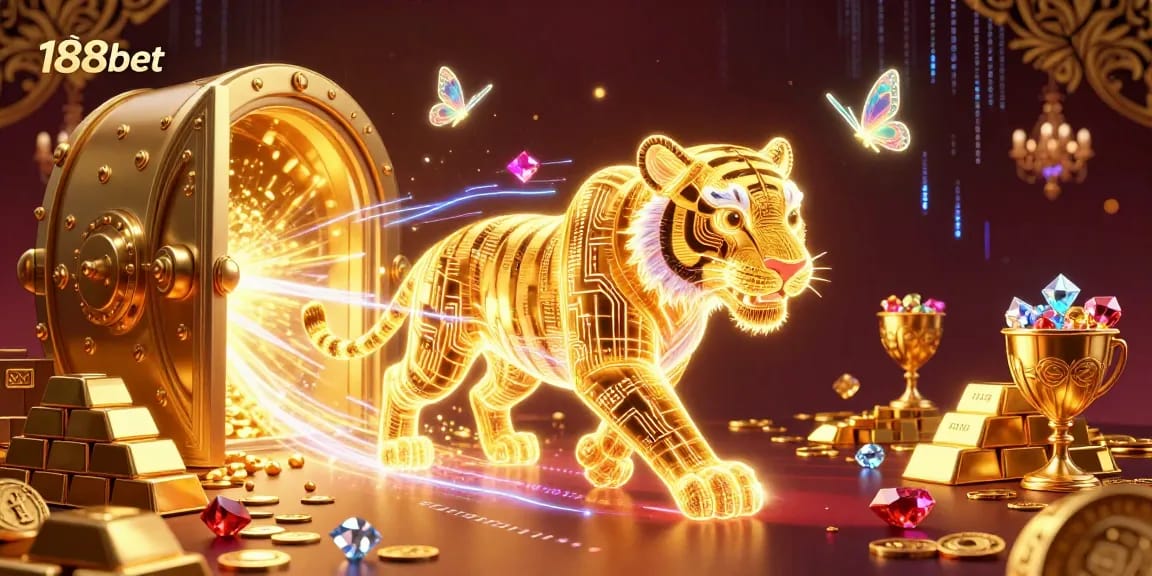 Engage with 188bet's dynamic visual: a neon-wireframe tiger in a vibrant digital casino landscape.