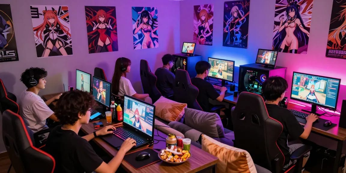 Friends enjoying a hentai game session in a vibrant gaming lounge.