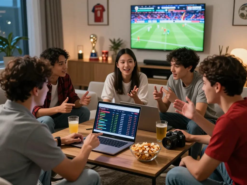 Sekelompok orang mendiskusikan strategi link mix parlay untuk Piala Dunia 2026 di ruang tamu yang nyaman.
