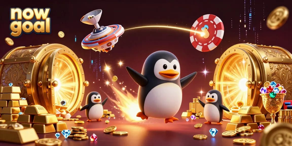 Betting on now goal: A golden penguin flies toward a casino space station with treasures in view.