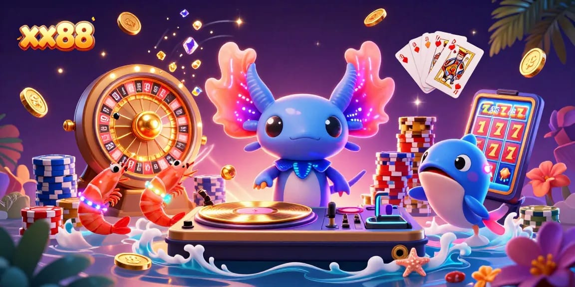 Experience winning excitement with xx88 as a neon axolotl DJ spins golden records amidst vibrant casino elements.