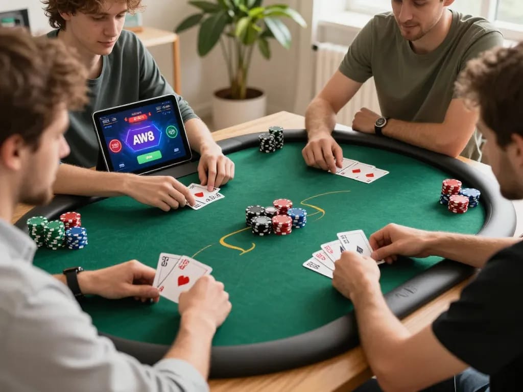 Players strategizing in the AW8 online poker game from a cozy home setup, showcasing dynamic gameplay.