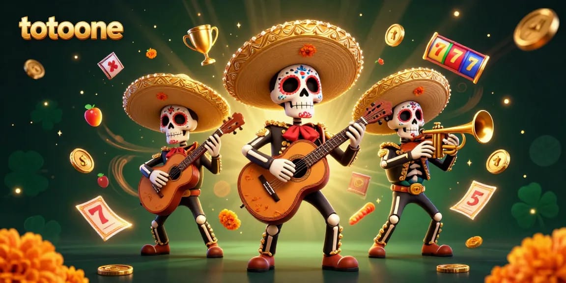 Permainan slot seru dengan totoone, band mariachi skeleton meriah dan koin emas bertebaran.