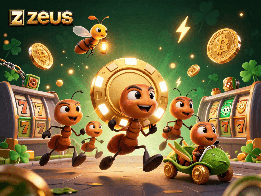Play zeus slot game featuring ants and a grasshopper on a heist with casino elements.