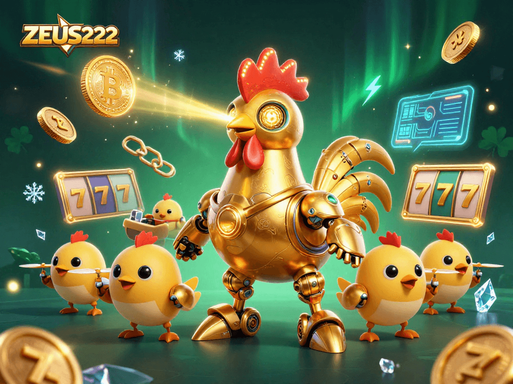 Engage with ZEUS222's thrilling game environment featuring lively characters and glowing crypto elements.
