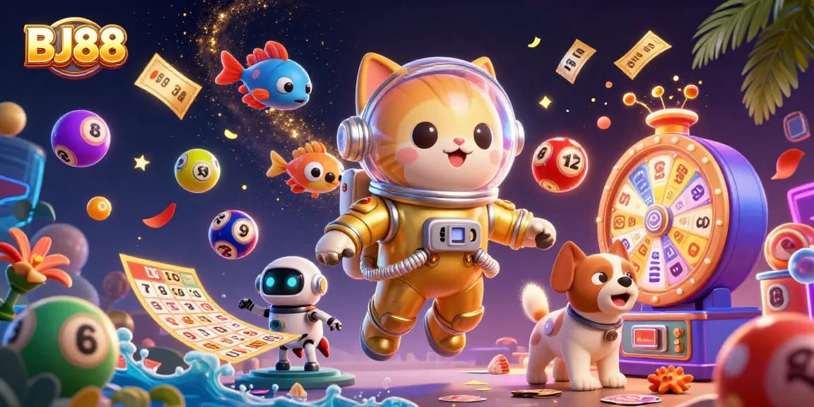 Win at BJ88 with an exciting scene featuring alien fish, a space cat, and dynamic lottery elements.