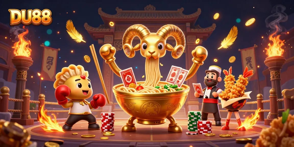 Engage with DU88 as a golden ramen bowl character deals cards in a dynamic casino scene.