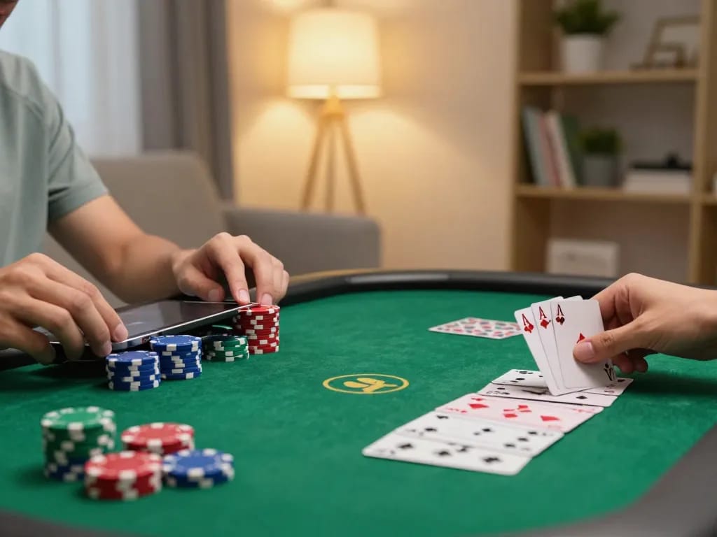 Person engaging in strategic gameplay on tg88 com poker app at home on tablet