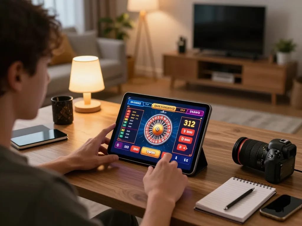 Engaged player competing in online 3win casino games on tablet, capturing intense focus and strategic gameplay.