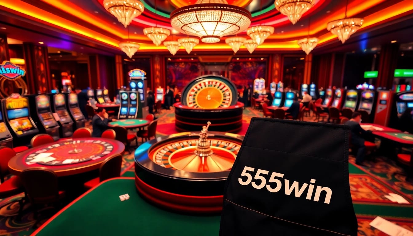 Players enjoying high-stakes games at 555win's luxurious casino with roulette and poker tables.