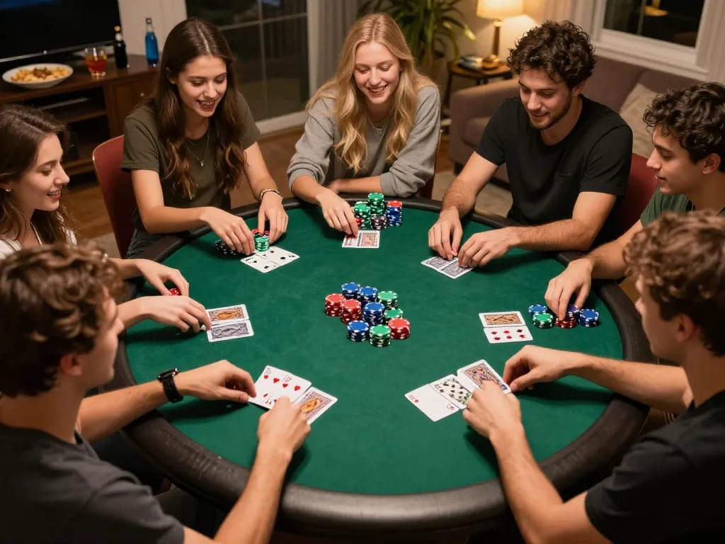 Friends enjoying a lively home poker night while engaging in soi kèo strategies over the table.