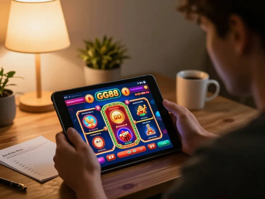 Player engaging with GG88 online casino on tablet, showcasing vibrant game interface.