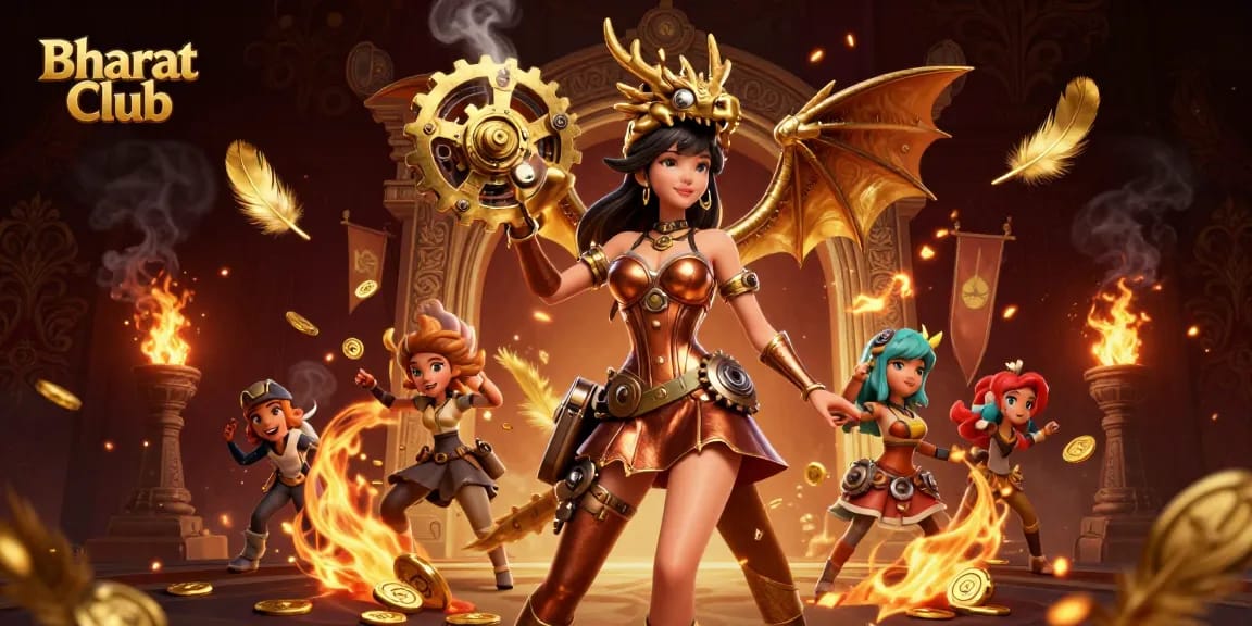 Bharat Club features a stunning scene filled with dazzling characters and rich gaming elements, ideal for casino enthusiasts.