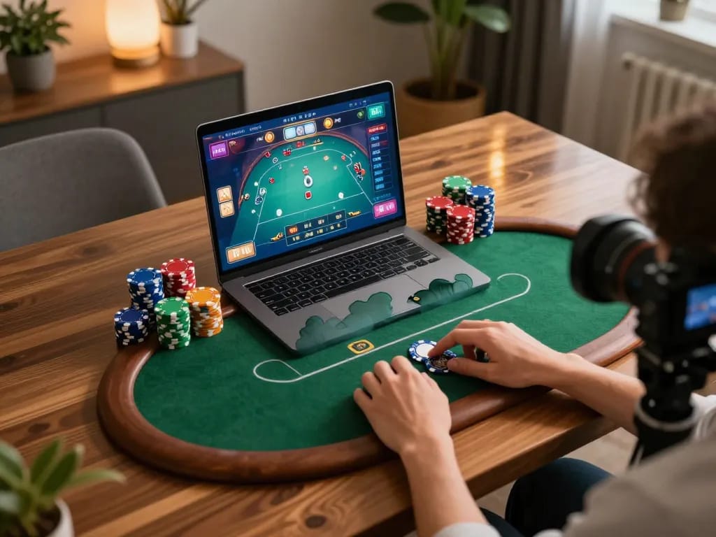 Engaging poker gameplay on tg88 com laptop in a cozy home setting