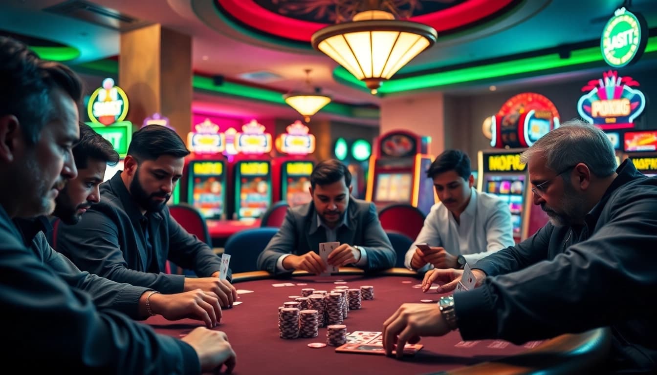 Engaged players participating in an exciting poker game at a lively casino table.