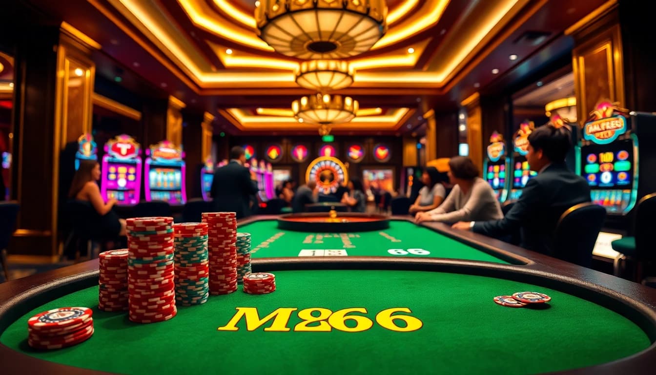 Players enjoy MB66 branded poker at a vibrant casino table, excitement in the air.