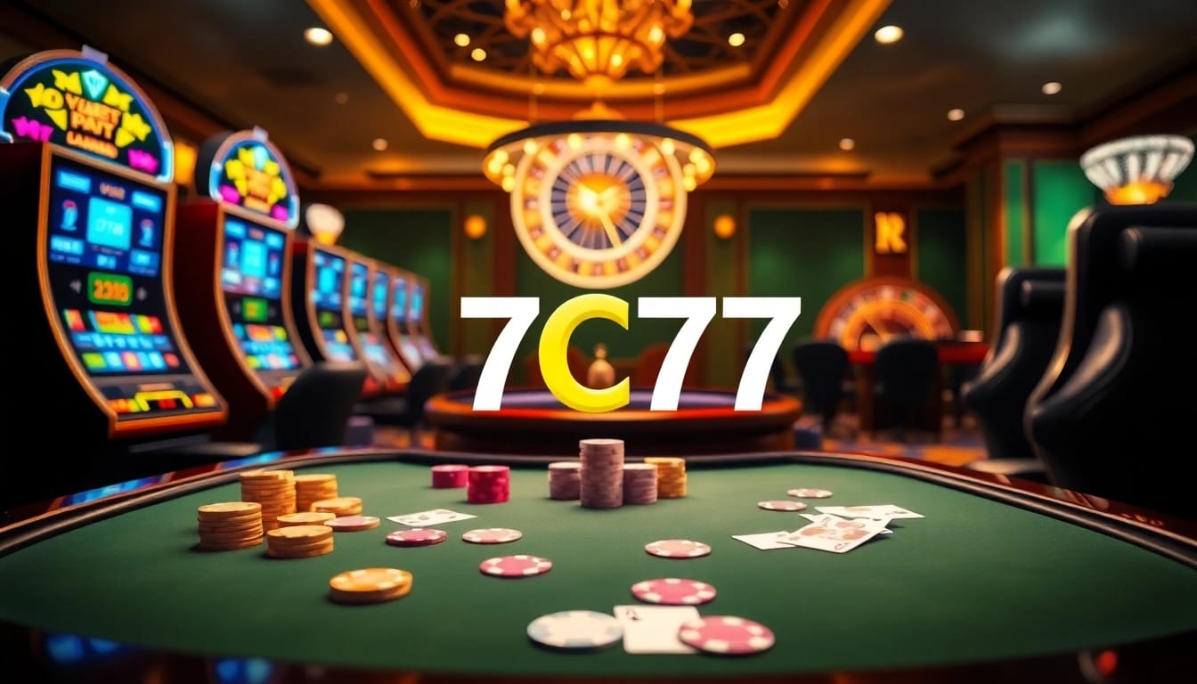Experience the thrill of 7C77 gaming with vibrant casino tables and slot machines.