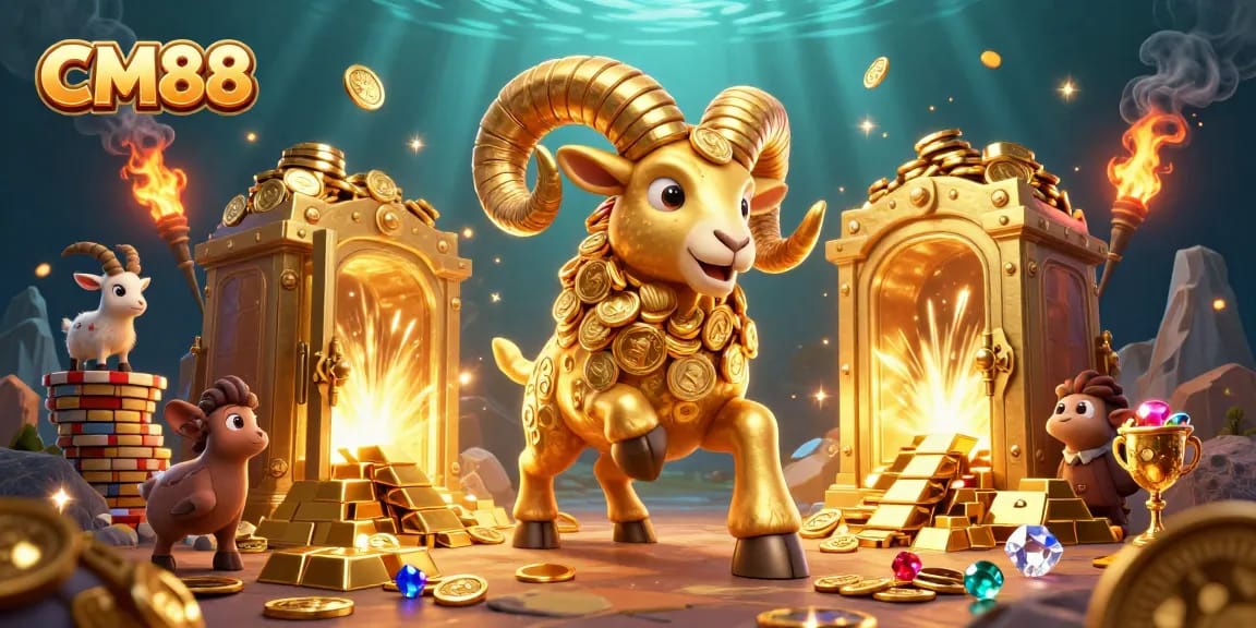 Experience the thrill of winning with CM88's stunning 3D casino illustration featuring golden treasures.