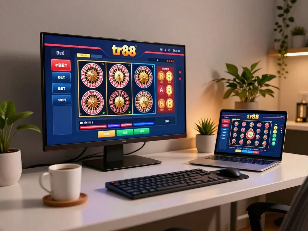 Engaging in tr88 bet gaming online with a laptop setup, showcasing vibrant casino interface and cozy atmosphere.
