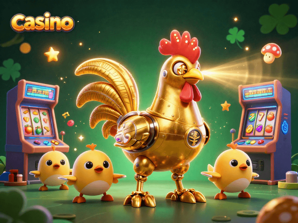 Experience the thrill of casino slots with our vibrant illustration featuring golden rooster robots and colorful game elements.