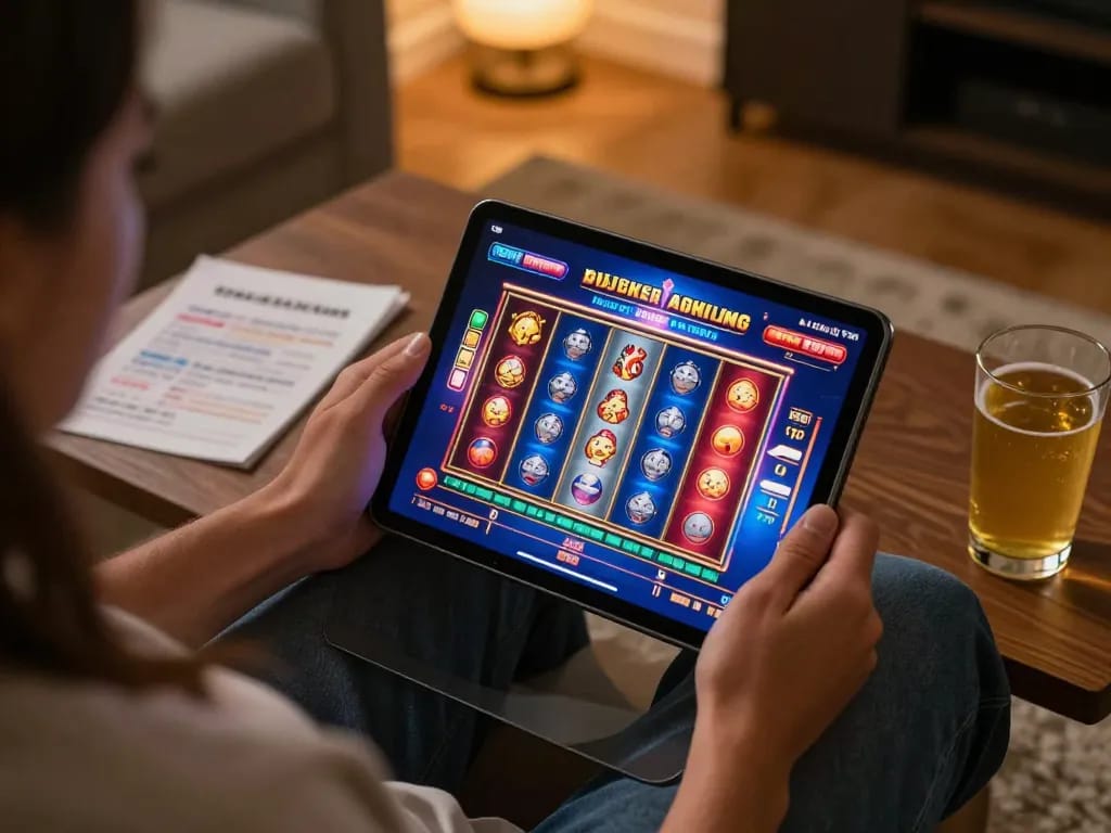 Player engaging in FAFA828 online slot gameplay, showcasing an exciting home gaming experience.