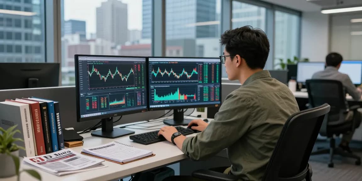 Trader melakukan analisis pasar kakakjudi di kantor modern yang penuh dengan informasi terkait perdagangan.