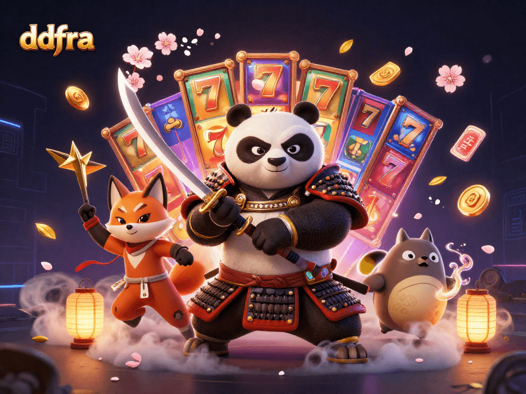 Engage with ddfra's vibrant 3D casino illustration featuring a samurai panda and gaming elements bursting with energy.