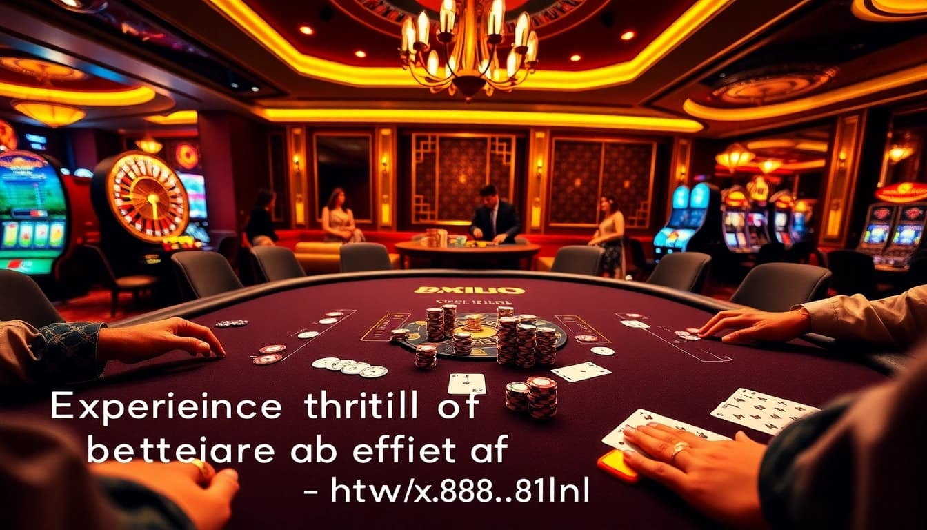 Betting action at https://xx88.nl/ with gamblers at a luxurious poker table, surrounded by casino excitement.