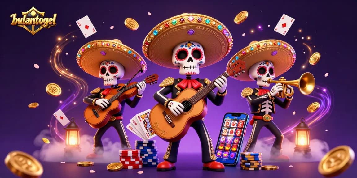 Gambarlah bulantogel dengan band mariachi tengkorak bermain di dunia kasino yang penuh warna.