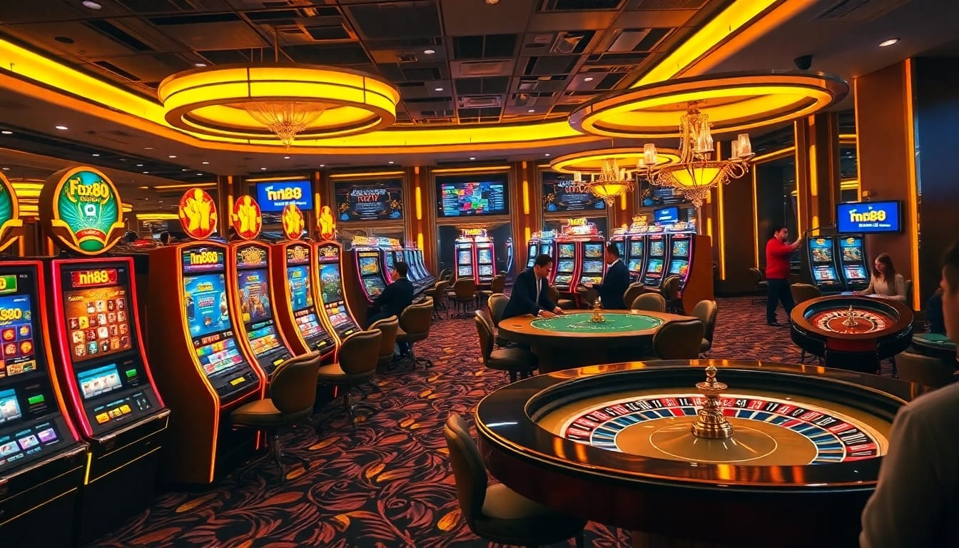 Exciting casino scene depicting nh88 gaming elements with vibrant slot machines and players at poker tables.
