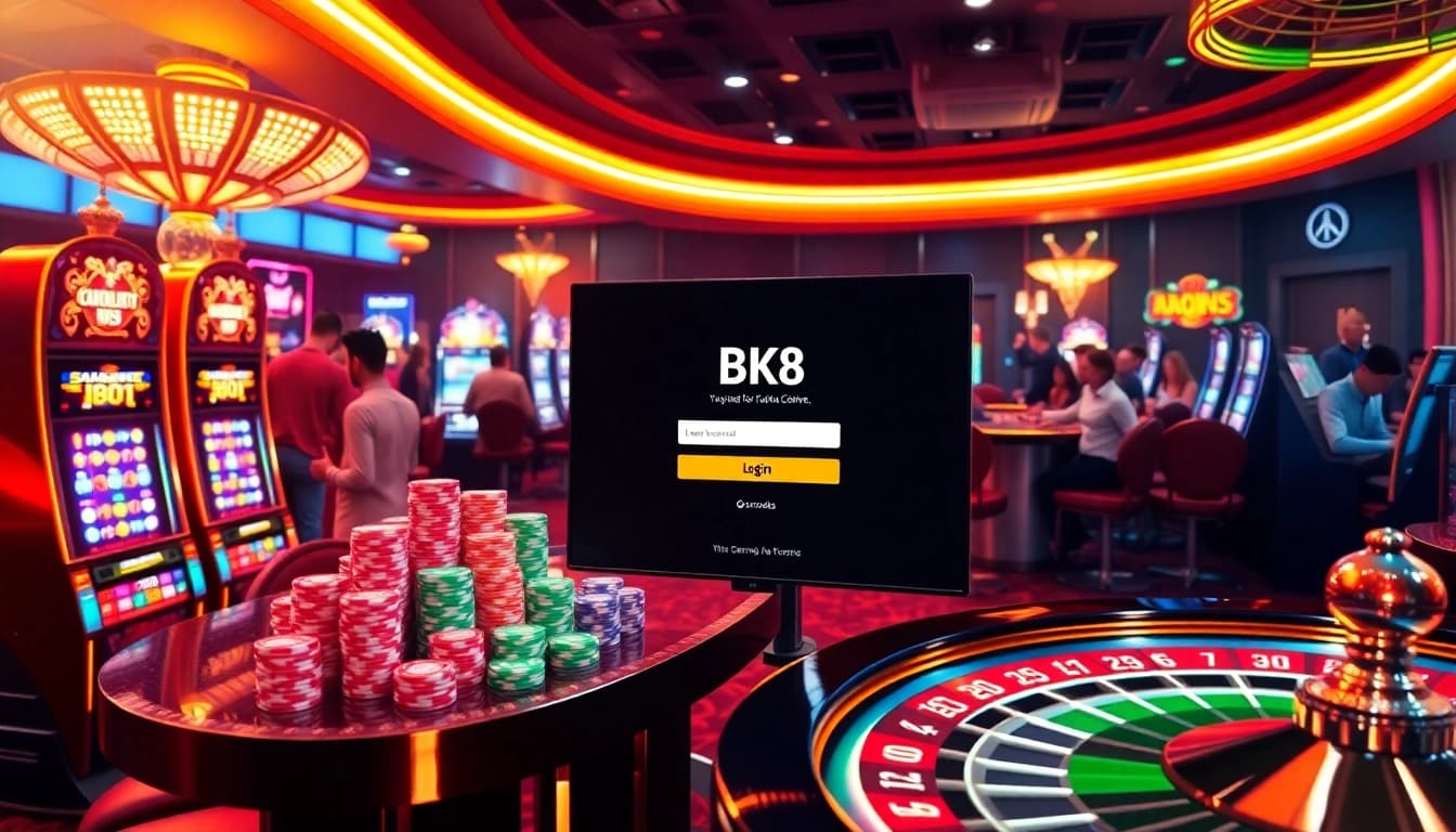 Login interface for BK8, showcasing vibrant casino elements and an exciting gaming atmosphere.