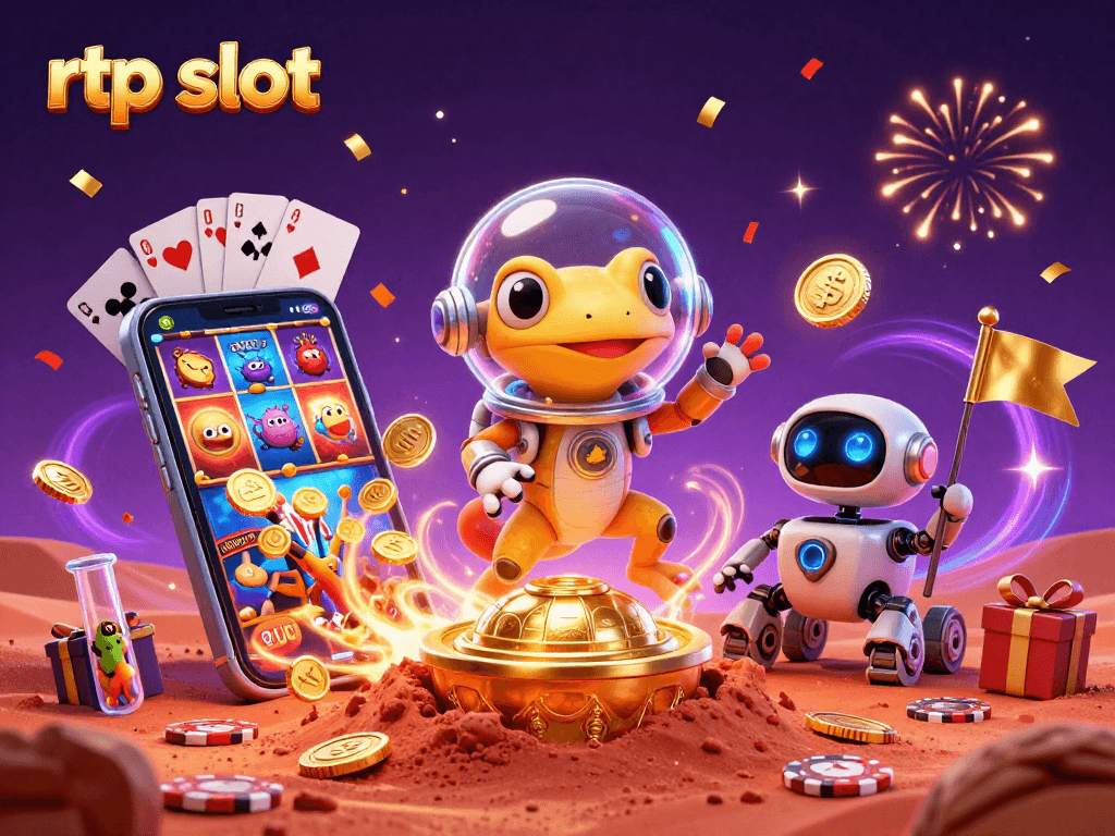 Menangkan dengan rtp slot dalam ilustrasi kasino 3D, gecko Martian dan robot rover beraksi.