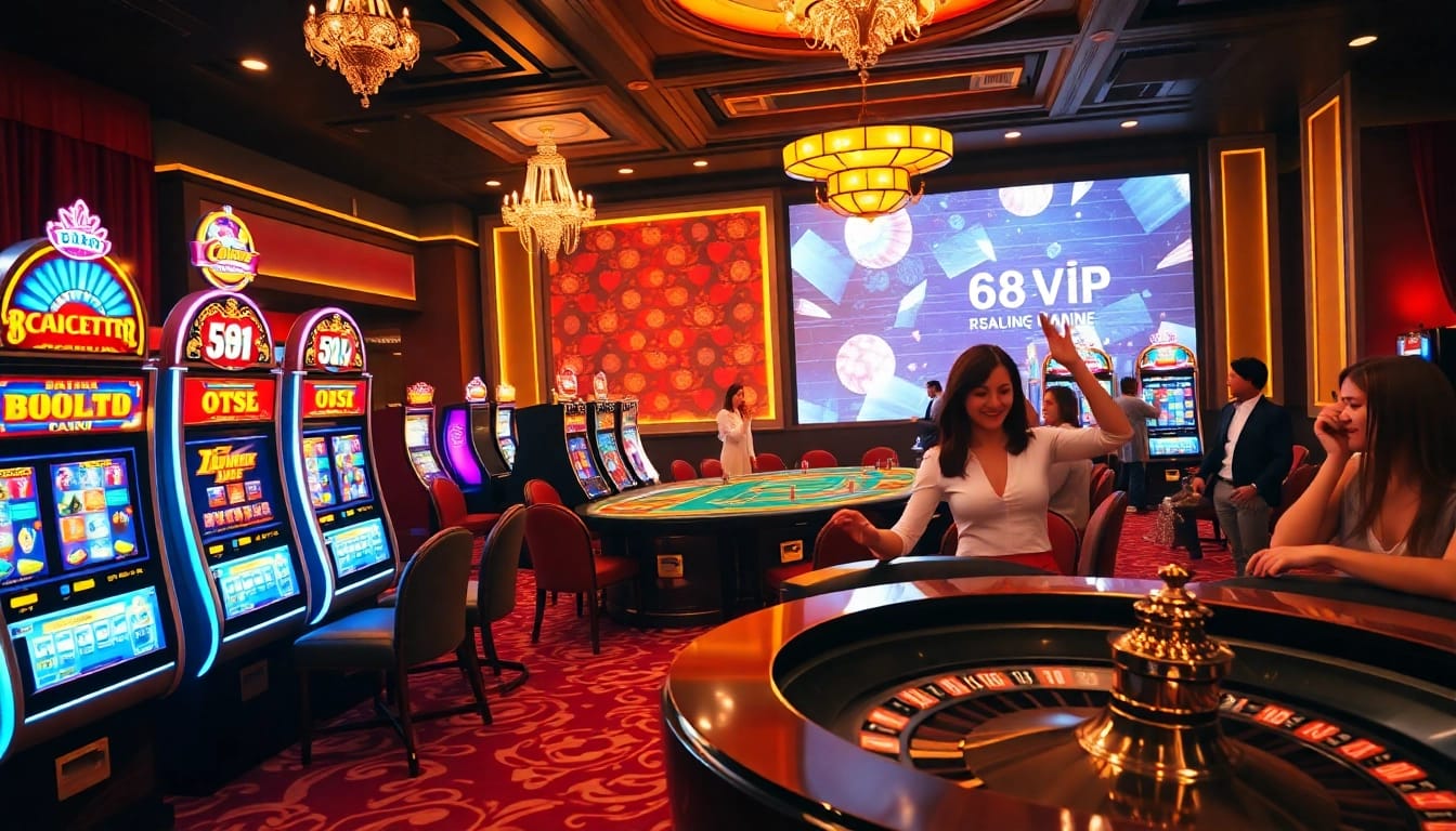 Players enjoying thrilling games at 68VIP casino with vibrant slot machines and lively atmosphere.