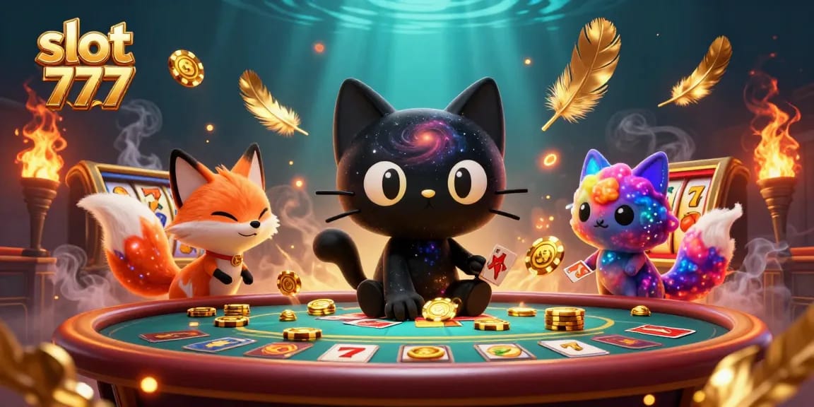 Slot 777 menghadirkan momen menakjubkan dengan kucing hitam berputar, bersiap untuk menang besar di meja kasino.
