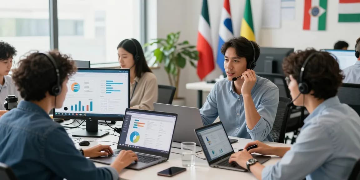 La mejor app de llamadas internacionales en uso por profesionales reunidos en una oficina moderna.
