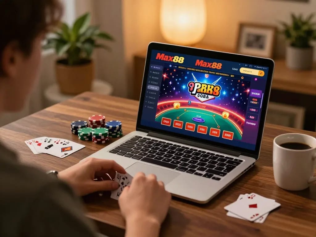 Person enjoying a Max88 online casino game on a laptop, creating a cozy gaming atmosphere at home.