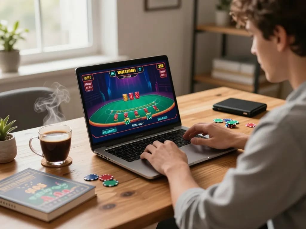 Playing blackjack online at 33win with intense focus on the live game interface in a cozy home setting.