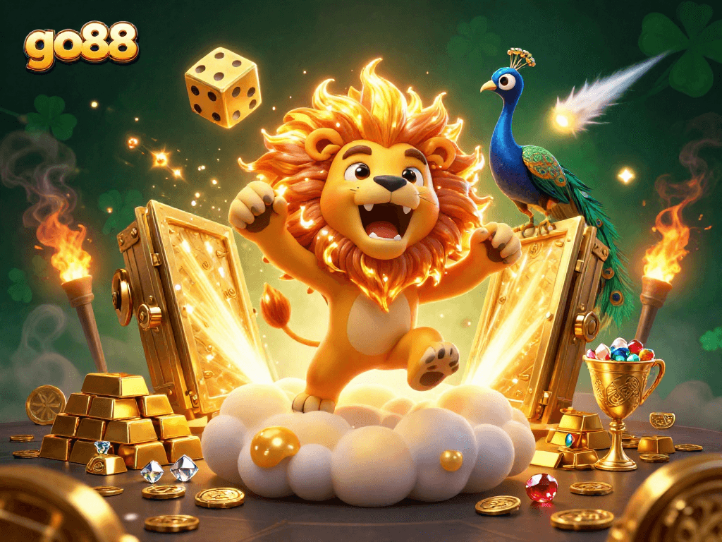 Experience go88 with a triumphant lion and golden elements, promising exciting casino adventures.