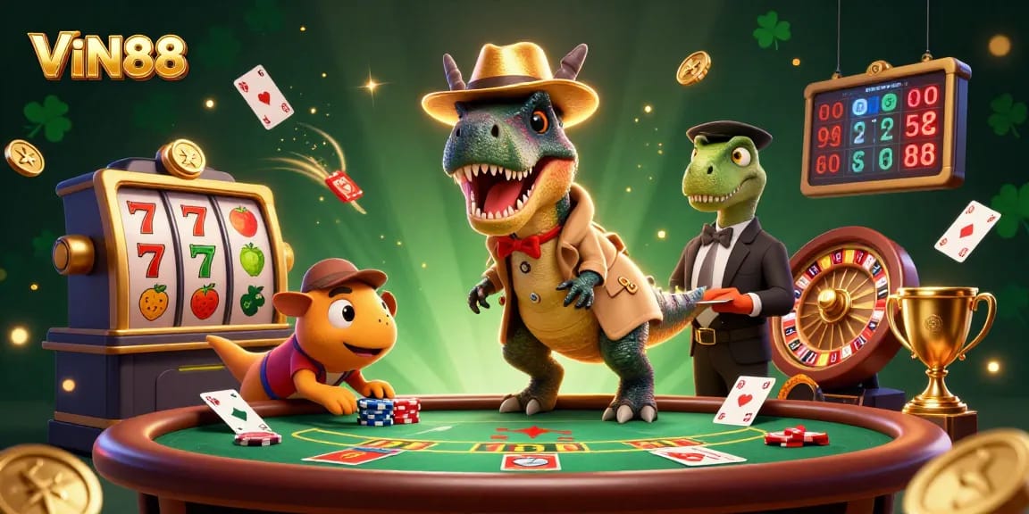 Engage in thrilling gameplay at VIN88 with vibrant characters and dynamic casino elements.