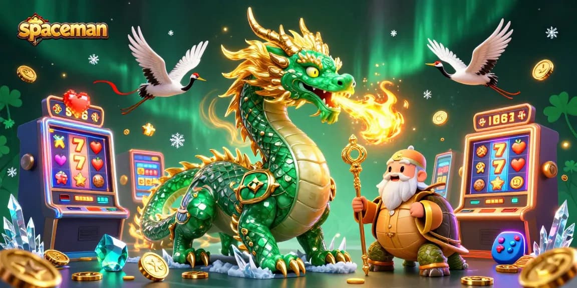Experience high-energy slots gameplay with spaceman, featuring an emerald jade dragon and lively casino elements.