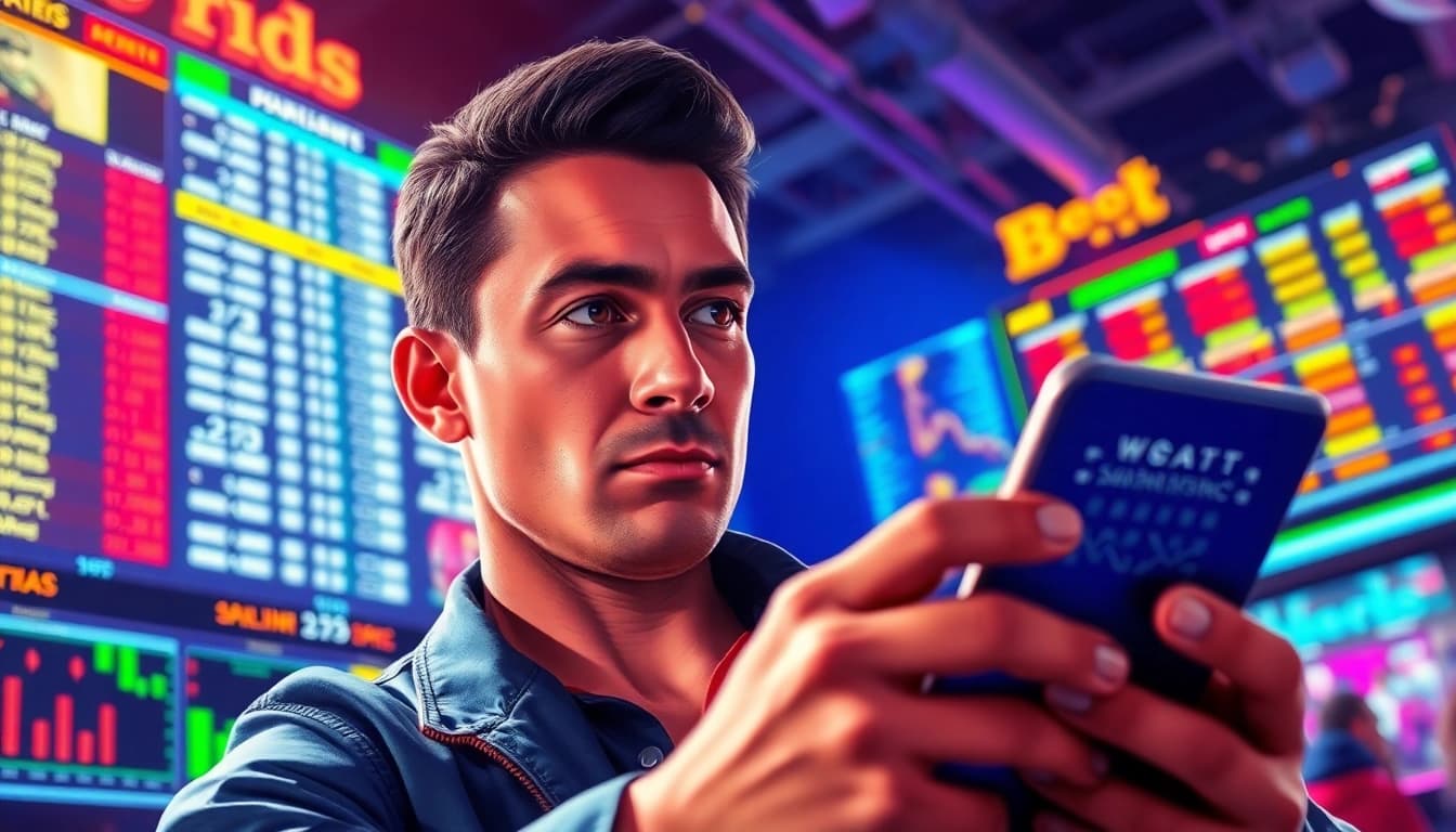 Engaging sports bettor immersed in online Betting experience with dynamic odds and statistics.