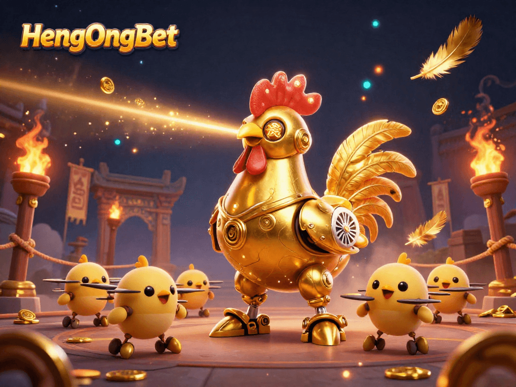 HengOngBet features a dynamic casino scene with colorful characters and engaging gambling elements.