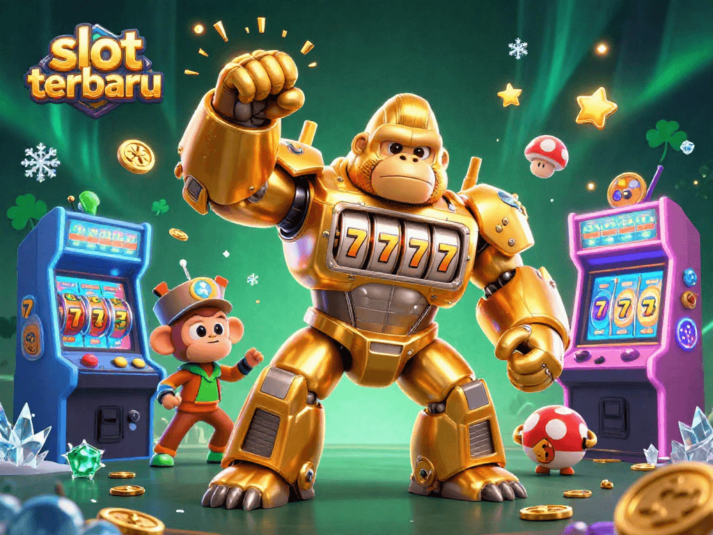 Experience thrilling wins with slot terbaru as a golden gorilla mech unleashes coins in a vibrant gaming landscape.