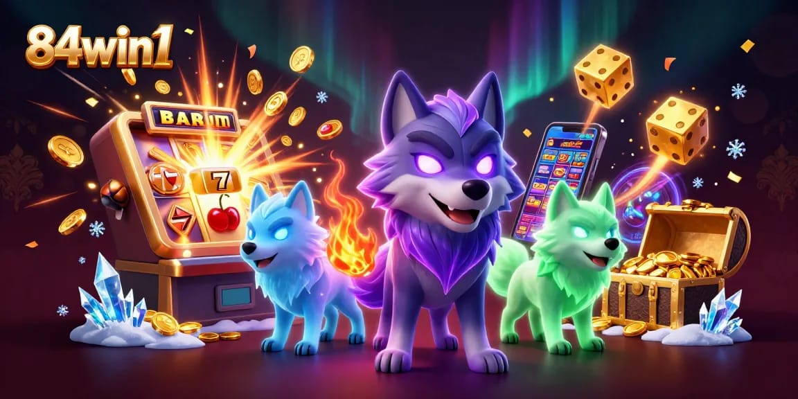 Engage with 84win1 in a lively casino setting featuring dynamic ghostly wolves, jackpot graphics, and vibrant gaming elements.