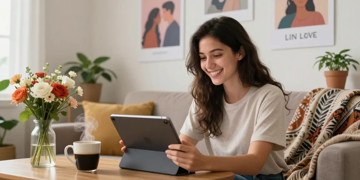 Young woman engaging with her AI girlfriend in a cozy home setting, representing modern companionship.